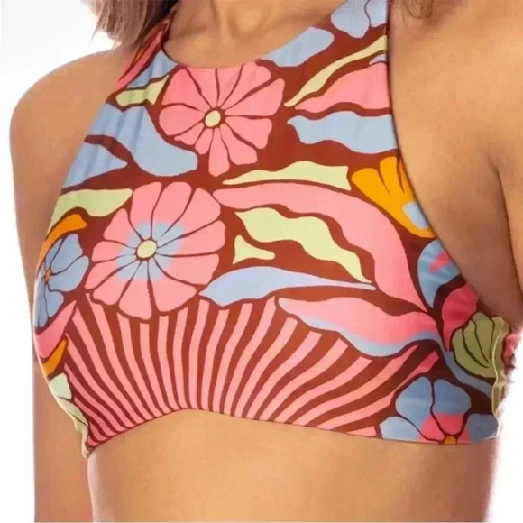 Maaji Halter Reversible High Neck Bikini Top Gaby Floral Stripe NEW Boho Y2K NWT - Picture 8 of 8